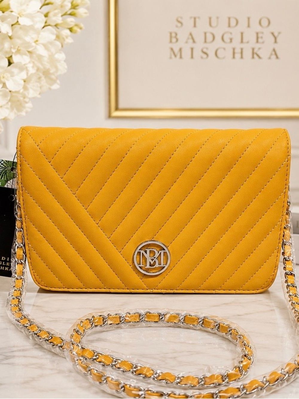 Badgley Mischka Mustard Quilted Chain Crossbody NWT